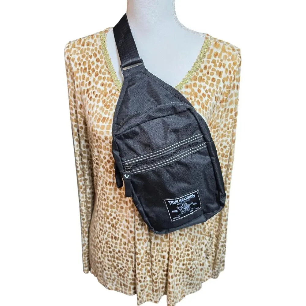 True Religion Jeans Black Sling Bag Crossbody Chest Pack Buddha Logo Travel 9x6
